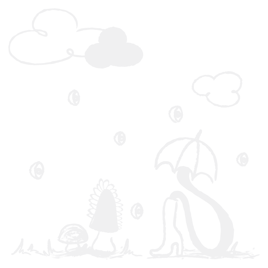 Ein stilisiertes Kind sitzt unter einem Regenschirm im Regen, umgeben von Wolken und Regentropfen, während es sich in einer gemütlichen, geschützten Umgebung aufhält.