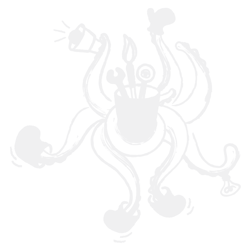 Ein stilisiertes Oktopus-Illustration in Grautönen mit mehreren Tentakeln, die verschiedene Aktivitäten wie Schreiben, Präsentieren und Jonglieren darstellen, symbolisiert Multitasking und Verantwortung.